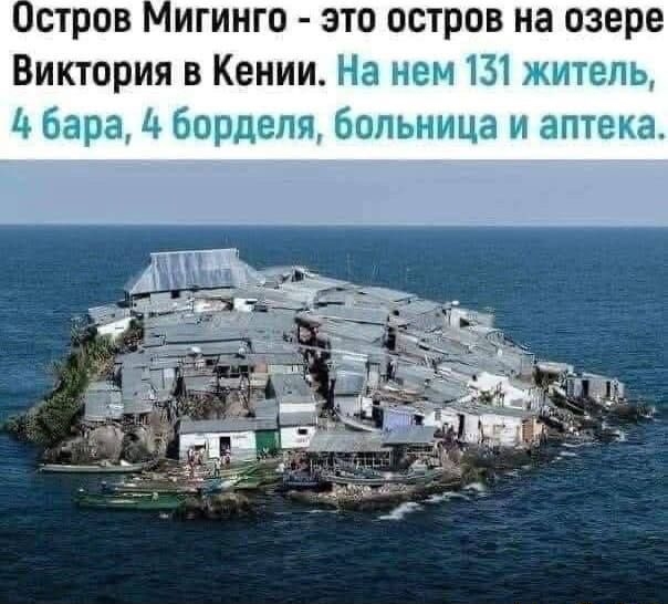Остров Мингинго - это остров на озере Виктория в Кении. На нем 131 житель, 4 бара, 4 борделя, больница и аптека.