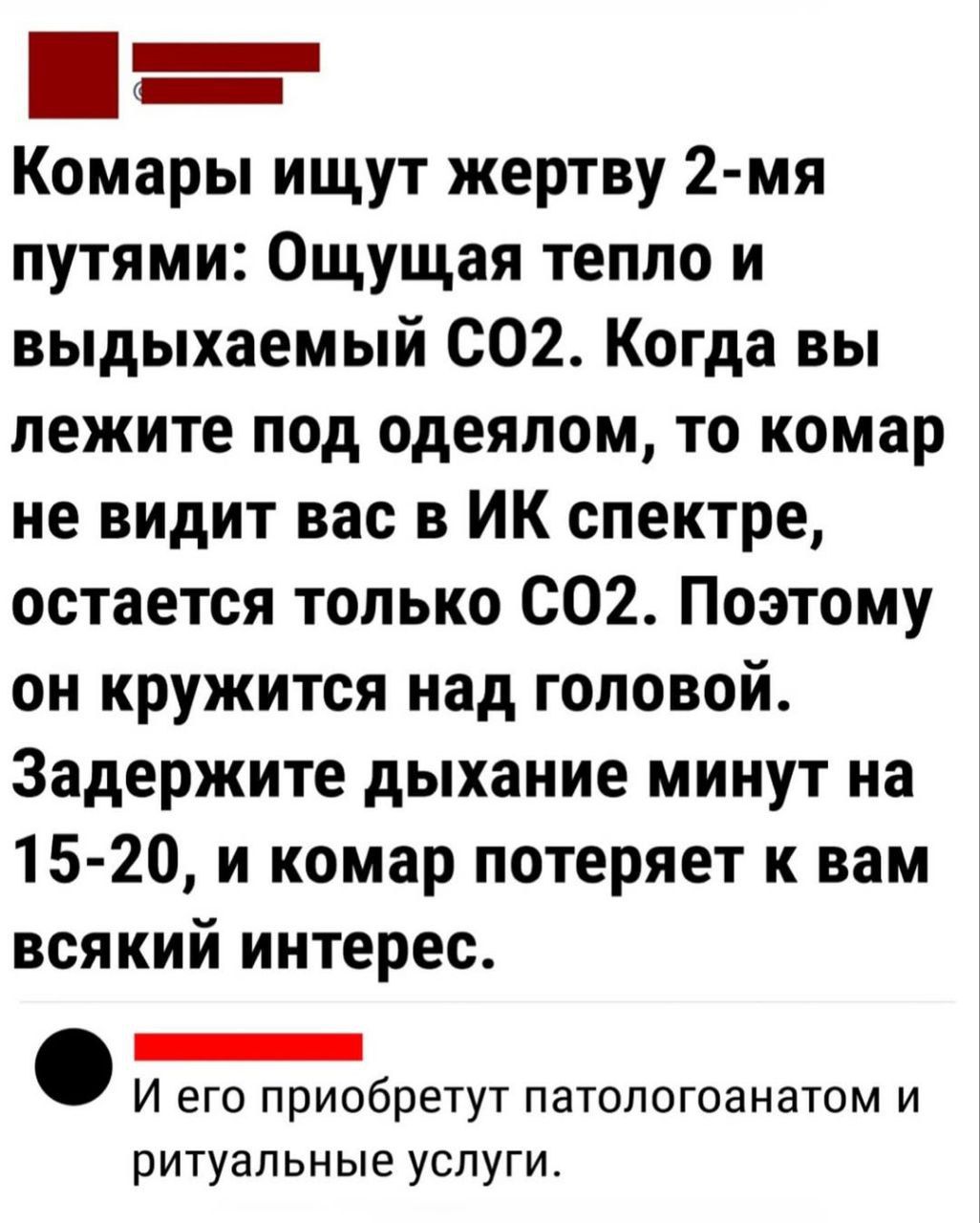 Комары ищут жертву 2-мя путями: Ощущая тепло и выдыхаемый CO2. Когда вы лежите под одеялом, то комар не видит вас в ИК спектре, остается только CO2. Поэтoму он кружится над головой. Задержите дыхание минут на 15-20, и комар потеряет к вам всякий интерес.

И его приобрeют патологоанатом и ритуальные услуги.