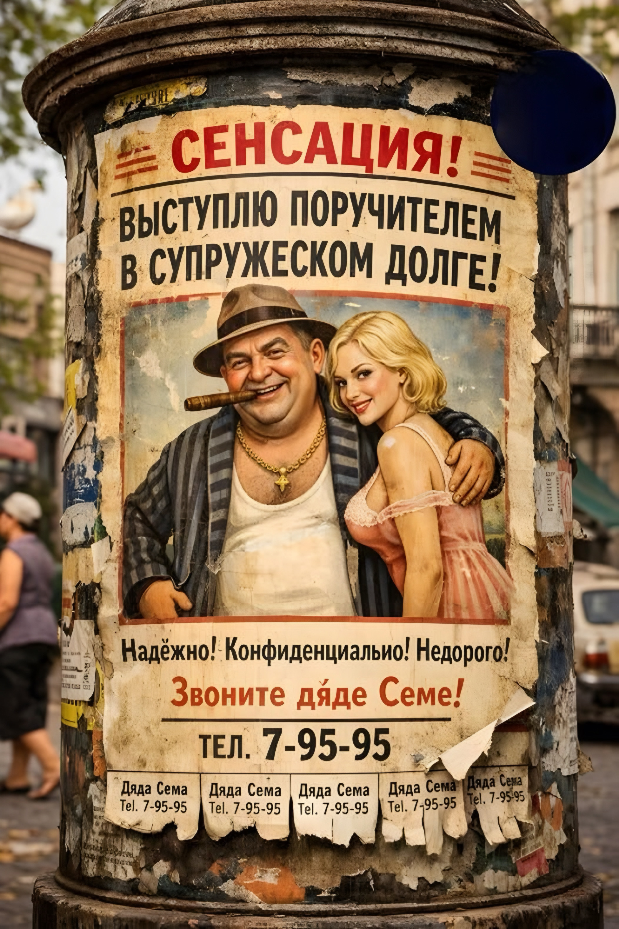 СЕНСАЦИЯ!
ВЫСТУПЛЮ ПОРУЧИТЕЛЕМ В СУПРУЖЕСКОМ ДОЛГЕ!
Надёжно! Конфиденциально! Недорого!
Звоните дяде Семе!
ТЕЛ. 7-95-95
Ляда Сема Тел. 7-95-95
