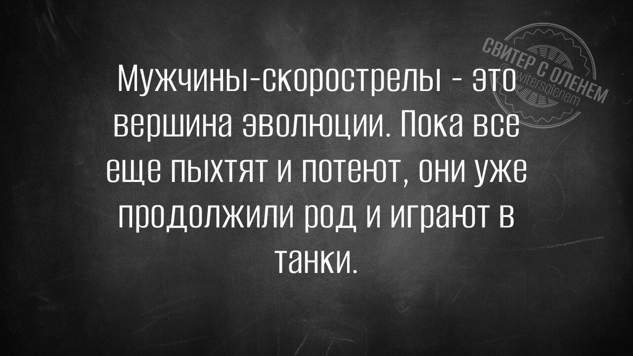 Мужчины-скорострельцы - это вершина эволюции. Пока все еще пыхят и потеют, они уже продолжили род и играют в танки.
