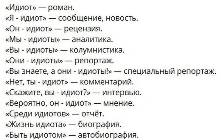 «Идиот» — роман.
«Я - идиот» — сообщение, новость.
«Он - идиот» — рецензия.
«Мы - идиоты» — аналитика.
«Вы - идиоты» — колумнистика.
«Они - идиоты» — репортаж.
«Вы знаете, а они - идиоты!» — специальный репортаж.
«Нет, ты - идиот» — комментарий.
«Скажите, вы - идиот?» — интервью.
«Вероятно, он - идиот» — мнение.
«Среди идиотов» — отчёт.
«Жизнь идио