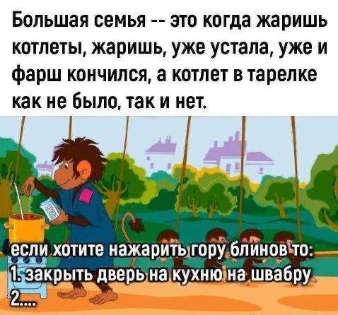 Большая семья -- это когда жаришь котлеты, жаришь, уже устала, уже и фарш кончился, а котлет в тарелке как не было, так и нет. если хотите нажарить гору блинов то: 1. закрыть дверь на кухню на швабру 2....