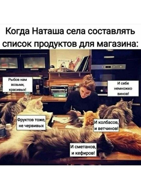 Когда Наташа села составлять список продуктов для магазина:
Рыбов нам возьми, красивых!
И себе немножко винов!
Фрукты тоже, не червивых
И колбасов, и ветчины!
И сметанов, и кефиров!