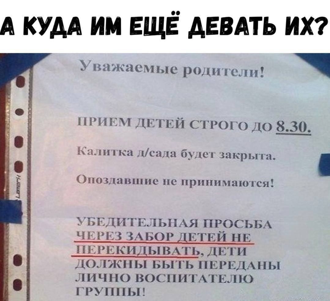 А КУДА ИМ ЕЩЁ ДЕВАТЬ ИХ? Уважаемые родители! ПРИЕМ ДЕТЕЙ СТРОГО ДО 8.30. Калитка д/сада будет закрыта. Опоздавшие не принимаются! УБЕДИТЕЛЬНАЯ ПРОСЬБА ЧЕРЕЗ ЗАБОР ДЕТЕЙ НЕ ПЕРЕКИДЫВАТЬ, ДЕТИ ДОЛЖНЫ БЫТЬ ПЕРЕДАНЫ ЛИЧНО ВОСПИТАТЕЛЮ ГРУППЫ!