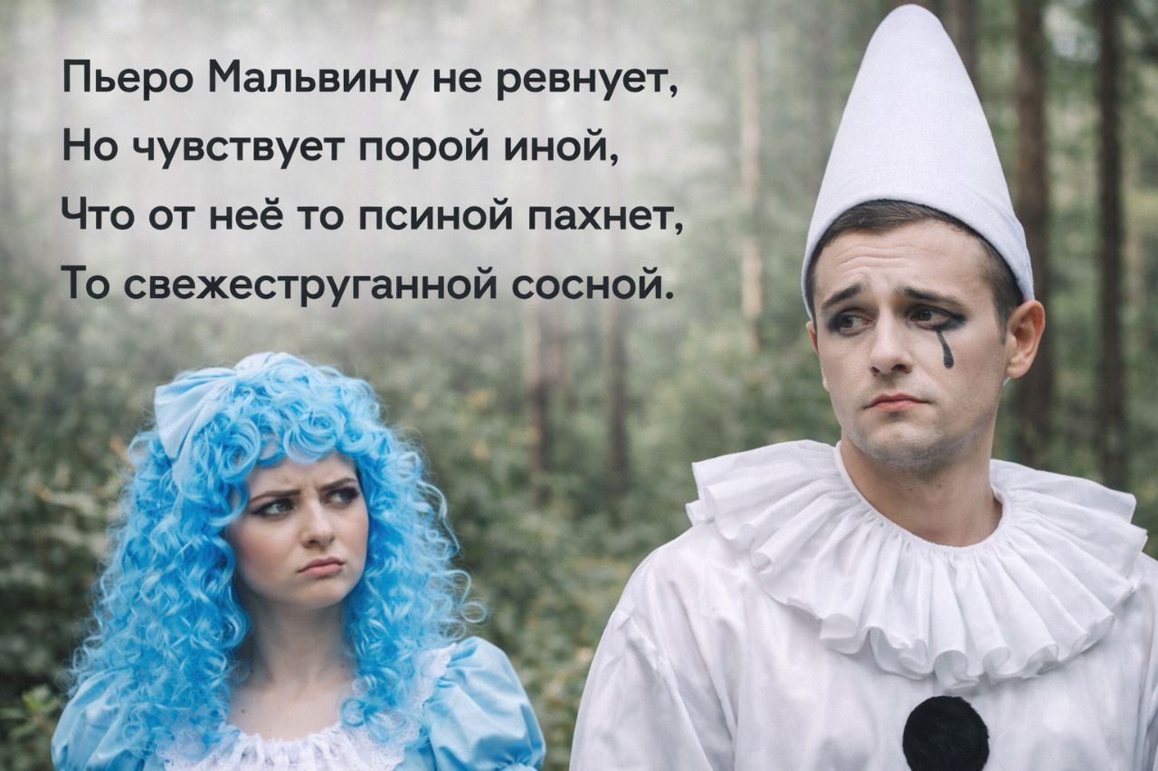 Пьеро Мальвину не равнет, Но чувствует порой иной, Что от неё то спиной пахнет, То свежеструганной сосной.