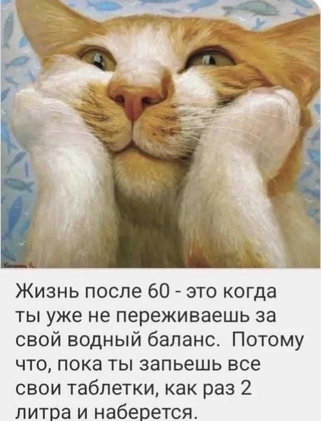 Жизнь после 60 - это когда ты уже не переживаешь за свой водный баланс. Потому что, пока ты запьешь все свои таблетки, как раз 2 литра и набежится.