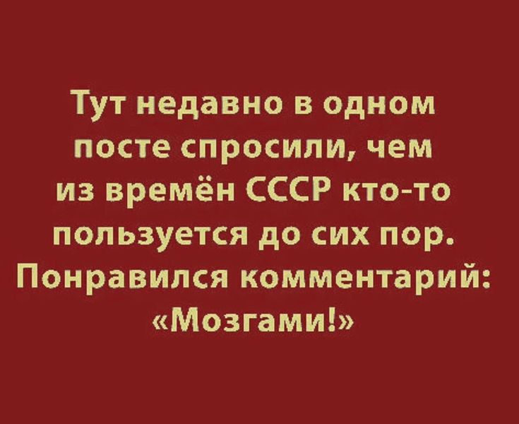 Тут недавно в одном посте спросили, чем из времён СССР кто-то пользуется до сих пор. Понравился комментарий: «Мозгами!»