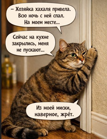 — Хозяйка хахаля привела. Всю ночь с ней спал. На моем месте...\nСейчас на кухне закрылись, меня не пускают...\nИз моей миски, наверное, жрёт.