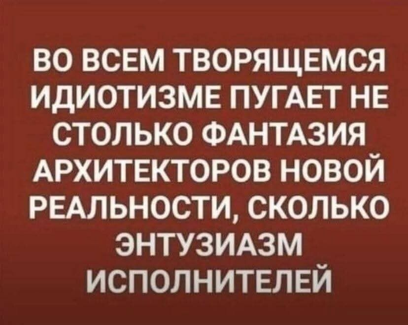ВО ВСЕМ ТВОРЯЩЕМСЯ ИДИОТИЗМЕ ПУГАЕТ НЕ СТОЛЬКО ФАНТАЗИЯ АРХИТЕКТОРОВ НОВОЙ РЕАЛЬНОСТИ, СКОЛЬКО ЭНТУЗИАЗМ ИСПОЛНИТЕЛЕЙ