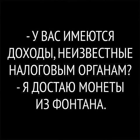 - У ВАС ИМЕЮТСЯ ДОХОДЫ, НЕИЗВЕСТНЫЕ НАЛОГОВЫМ ОРГАМ? - Я ДОСТАЮ МОНЕТЫ ИЗ ФОНТАНА.