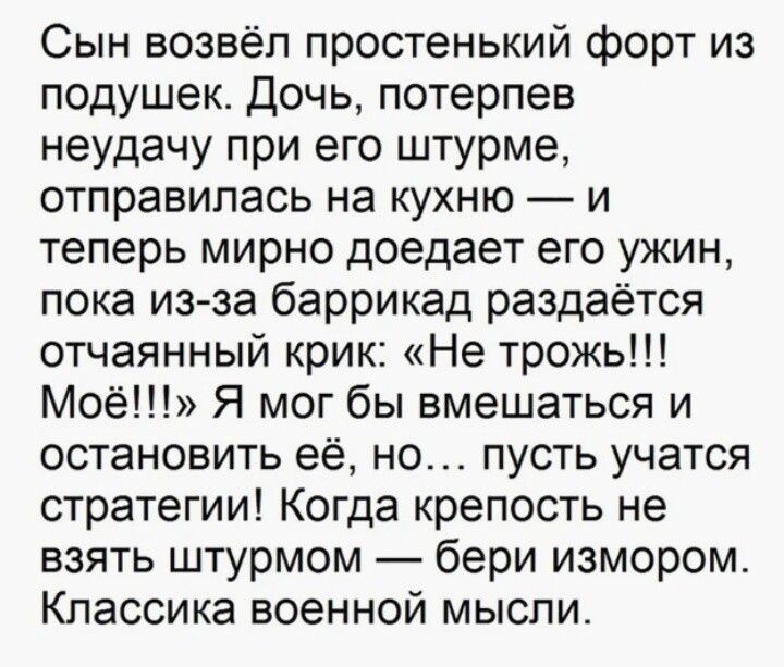 Сын возвёл простенький фор–то из подушек. Дочь, потерпев неудачупри его штурме, отправилась на кухню — и теперь мирно доедает его ужин, пока из-за баррикад раздаётся отчаянный крик: «Не трожь!!! Моё!!!» Я мог бы вмешаться и остановить её, но… пусть учатся стратегии! Когда крепость не взять штурмом — бери изомором. Классика военной мысли.