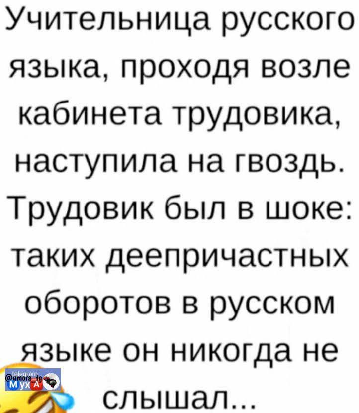 Учительница русского языка, проходя возле кабинета трудовика, наступила на гвоздь. Трудовик был в шоке: таких деепричастных оборотов в русском языке он никогда не слышал...