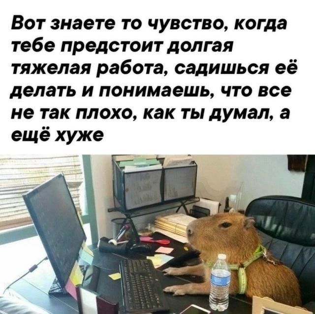 Вот знаете то чувство, когда тебе предстоит долгая тяжёлая работа, садишь её делать и понимаешь, что всё не так плохо, как ты думал, а ещё хуже