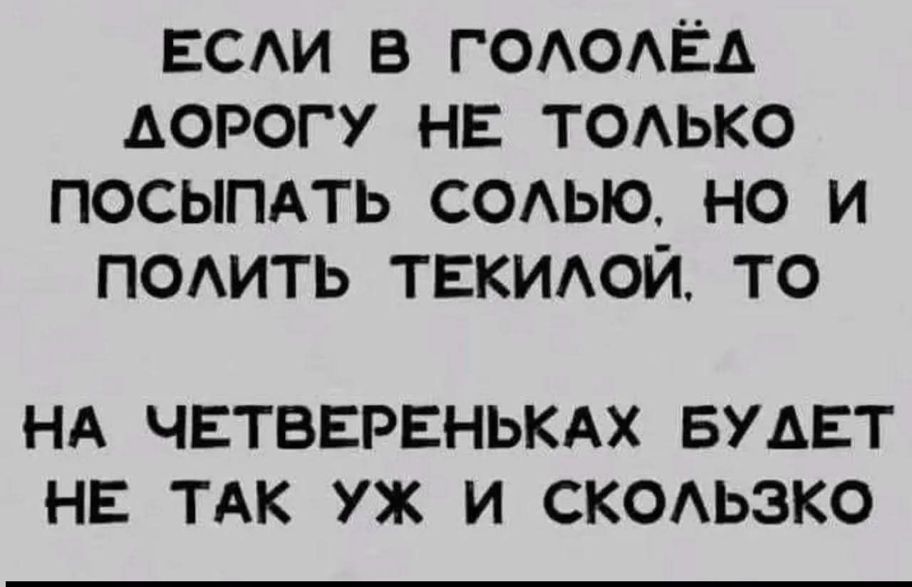 ЕСЛИ В ГОЛОЛЁД ДОРОГУ НЕ ТОЛЬКО ПОСЫПАТЬ СОЛЬЮ, НО И ПОЛИТЬ ТЕКИЛОЙ, ТО НА ЧЕТВЕРЕНЬКАХ БУДЕТ НЕ ТАК УЖ И СКОЛЬЗКО