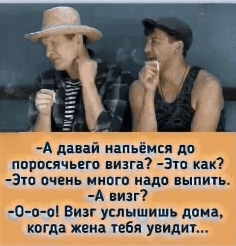 - А давай напьёмся до поросячьего визга? - Это как? - Это очень много надо выпить? - А визг? - О-о-о! Визг услышишь дома, когда жена тебя увидит...