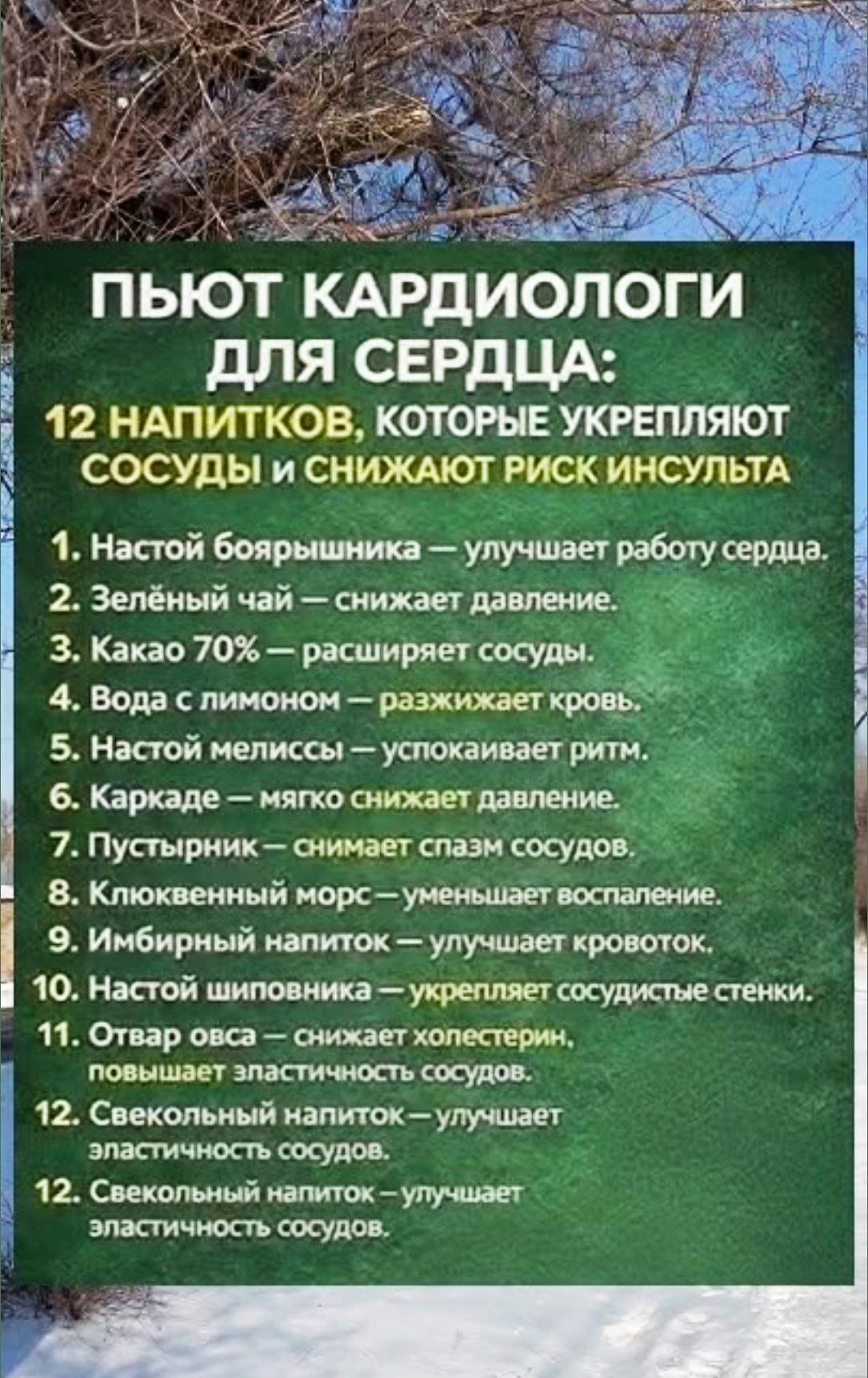 ПЬЮТ КАРДИОЛОГИ ДЛЯ СЕРДЦА:
12 НАПИТКОВ, КОТОРЫЕ УКРЕПЛЯЮТ СОСУДЫ И СНИЖАЮТ РИСК ИНСУЛЬТА
1. Настой боярышника — улудшает работу сердца.
2. Зеленый чай — снижает давление.
3. Какао 70% — расширяет сосуды.
4. Вода с лимоном — разжижает кровь.
5. Настой мелиссы — успокаивает ритм.
6. Каркаде — мягко снижает давление.
7. Пустырник — снимает спазм сосу