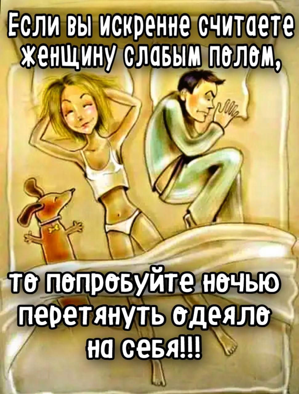 Если вы искренне считаете женщину слабым полем, то попробуйте ночью перетянуть одеяло на себя!!!