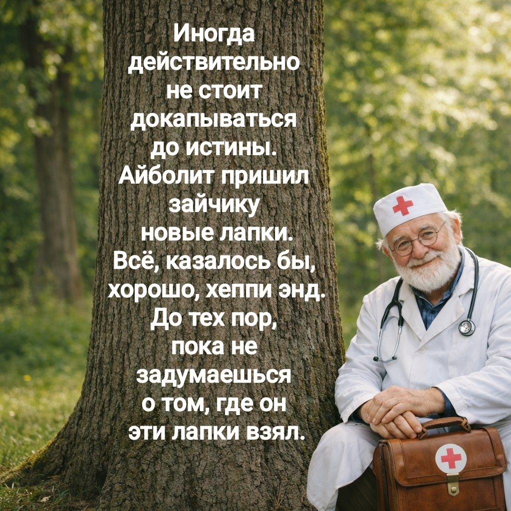 Иногда действительно не стоит докапываться до истины. Айболит пришил зайчику новые лапки. Всё, казалось бы, хорошо, хеппи энд. До тех пор, пока не задумаешься о том, где он эти лапки взял.