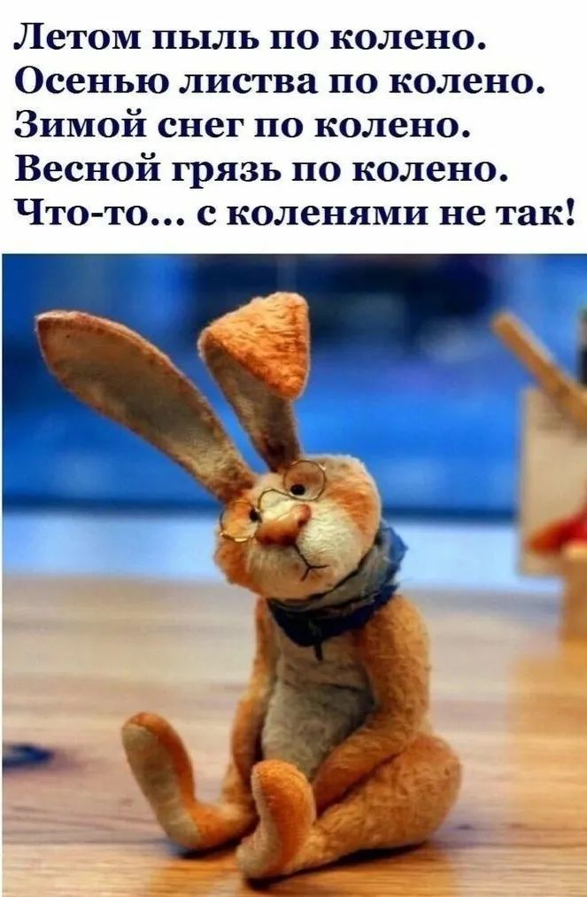 Летом пыль по колено. Осенью листья по колено. Зимой снег по колено. Весной грязь по колено. Что-то... с коленями не так!