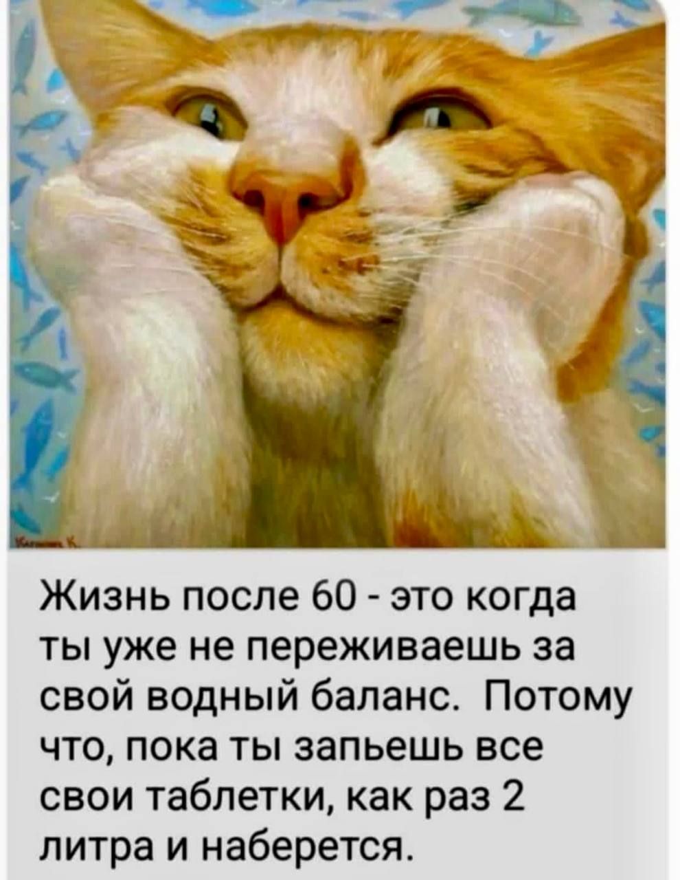 Жизнь после 60 - это когда ты уже не переживаешь за свой водный баланс. Потому что, пока ты запьешь все свои таблетки, как раз 2 литра и наберется.
