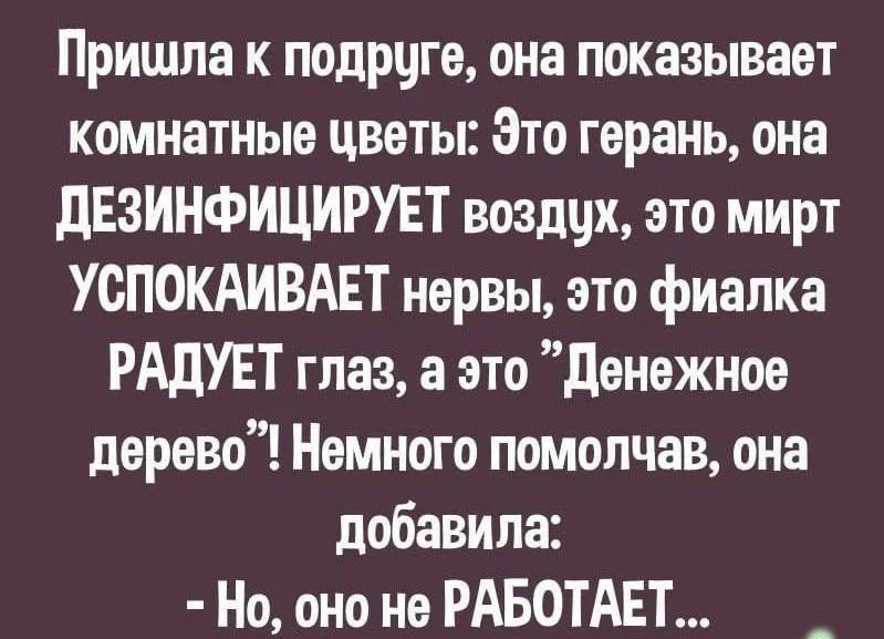 Пришла к подруге, она показывает комнатные цветы: Это герань, она ДЕЗИНФИЦИРУЕТ воздух, это мирт УСПОКАИВАЕТ нервЫ, это фиалка РАДУЕТ глаз, а это “Денежное дерево”! Немного помолчав, она добавила: - Но, оно не РАБОТАЕТ...