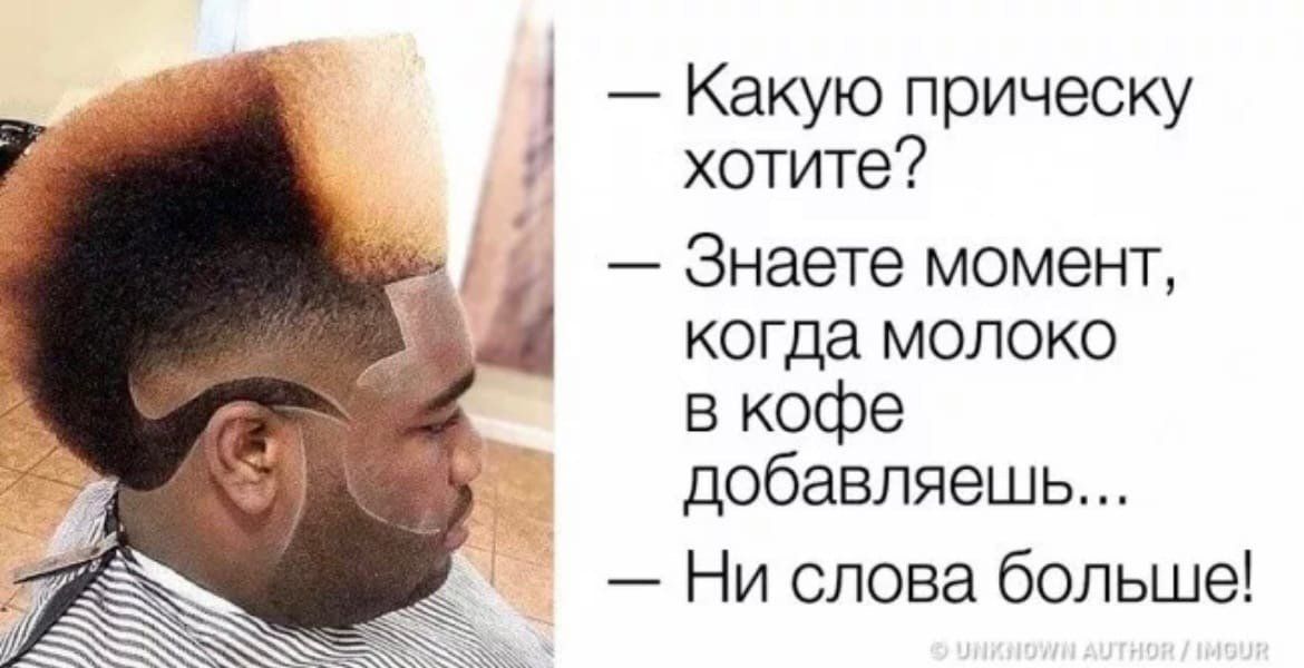 — Какую прическу хотите? — Знаете момент, когда молоко в кофе добавляешь... — Ни слова больше!
