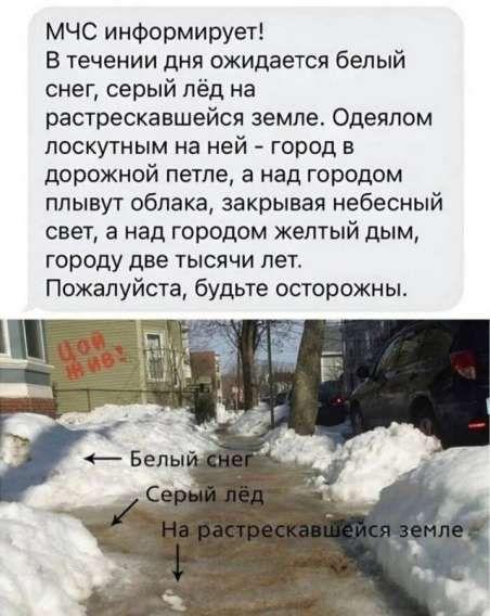 МЧС информирует! В течение дня ожидается белый снег, серый лёд на растрескавшейся земле. Одеялом лоскутным на ней — город в дорожной петле, а над городом плывут облака, закрывая небесный свет, а над городом желтый дым, городу две тысячи лет. Пожалуйста, будьте осторожны. 

Белый снег
Серый лёд
На растрескавшейся земле