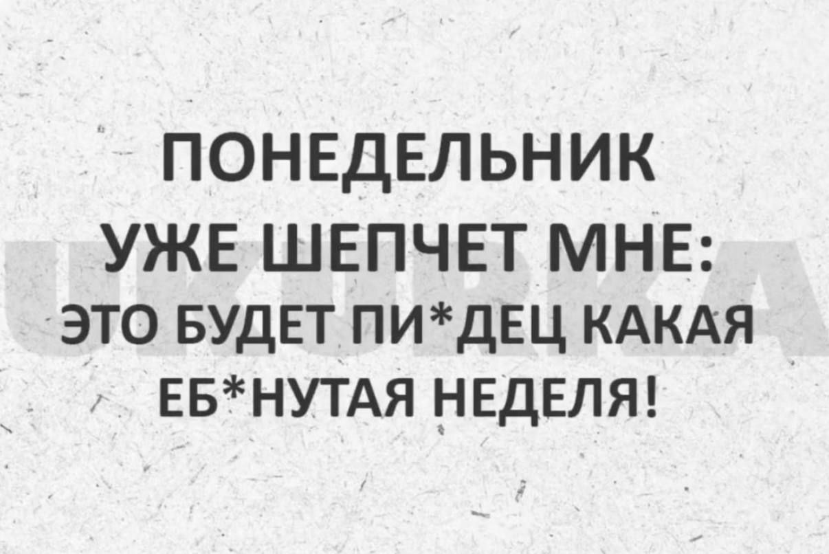 ПОНЕДЕЛЬНИК УЖЕ ШЕПЧЕТ МНЕ: ЭТО БУДЕТ ПИ*ДЕЦ КАКАЯ ЕБ*НУТАЯ НЕДЕЛЯ!