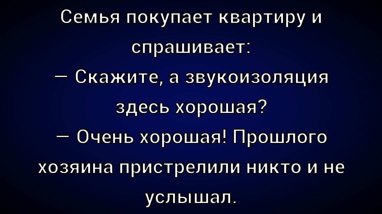 Семья покупает квартиру и спрашивает:
— Скажите, а звукоизоляция здесь хорошая?
— Очень хорошая! Прошлого хозяина пристрелили никто и не услышал.