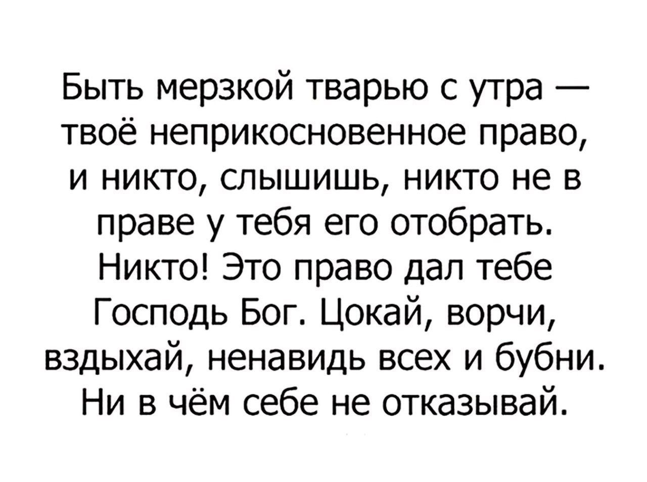 Быть мерзкой тварью с утра — твоё неприкосновенное право, и никто, слышишь, никто не в праве у тебя его отобрать. Никто! Это право дал тебе Господь Бог. Цока́й, ворчи, вздыхай, ненавидь всех и бубни. Ни в чём себе не отказывай.