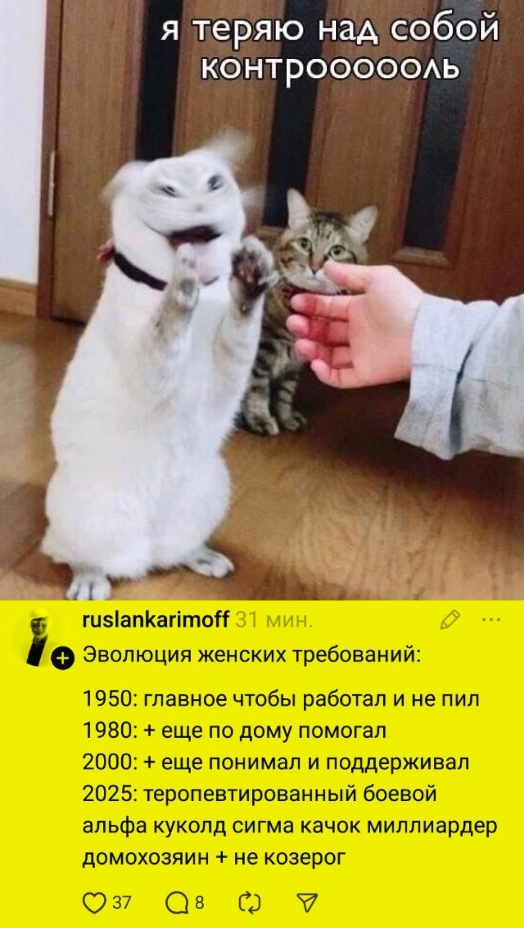 я теряю над собой контрооооль
Эволюция женских требований:
1950: главное чтобы работал и не пил
1980: + еще по дому помогал
2000: + еще понимал и поддерживал
2025: теропептрированнный боевой альфа куколд сигма качок миллиардер домохозяин + не козерог
