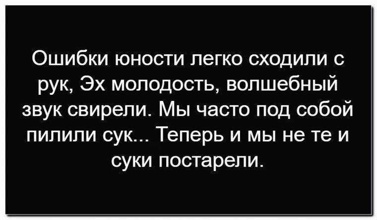 Ошибки юности легко сходили с рук, Эх молодость, волшебный звук свирели. Мы часто под собой пилили сук... Теперь и мы не те и суки постарели.