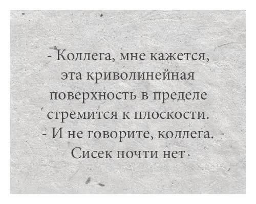 - Коллега, мне кажется, эта криволинейная поверхность в пределе стремится к плоскости.\n- И не говорите, коллега.\nСисек почти нет.