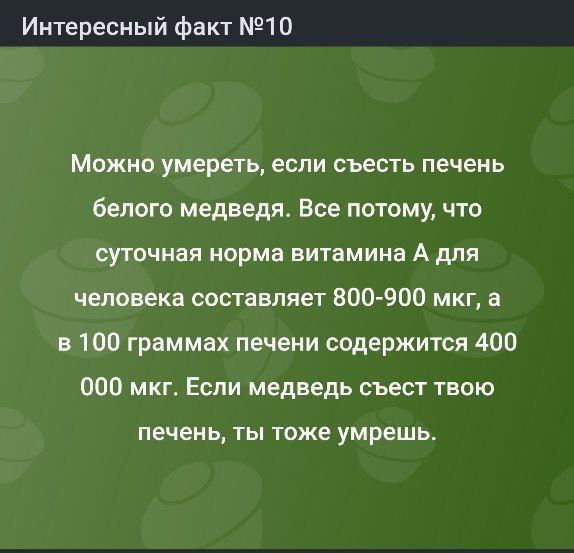 Можно умереть, если съесть печень белого медведя. Все потому, что суточная норма витамина А для человека составляет 800-900 мкг, а в 100 граммах печени содержится 400 000 мкг. Если медведь съест твою печень, ты тоже умрешь.