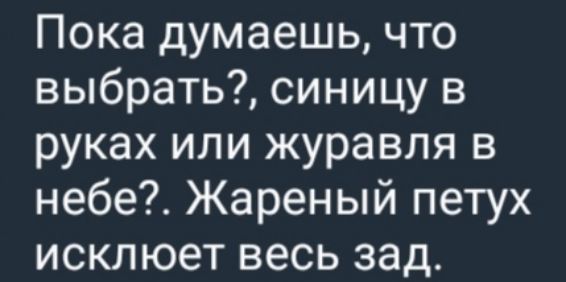 Пока думаешь, что выбрать?, синицу в руках или журавля в небе?. Жареный петух исключет весь зад.