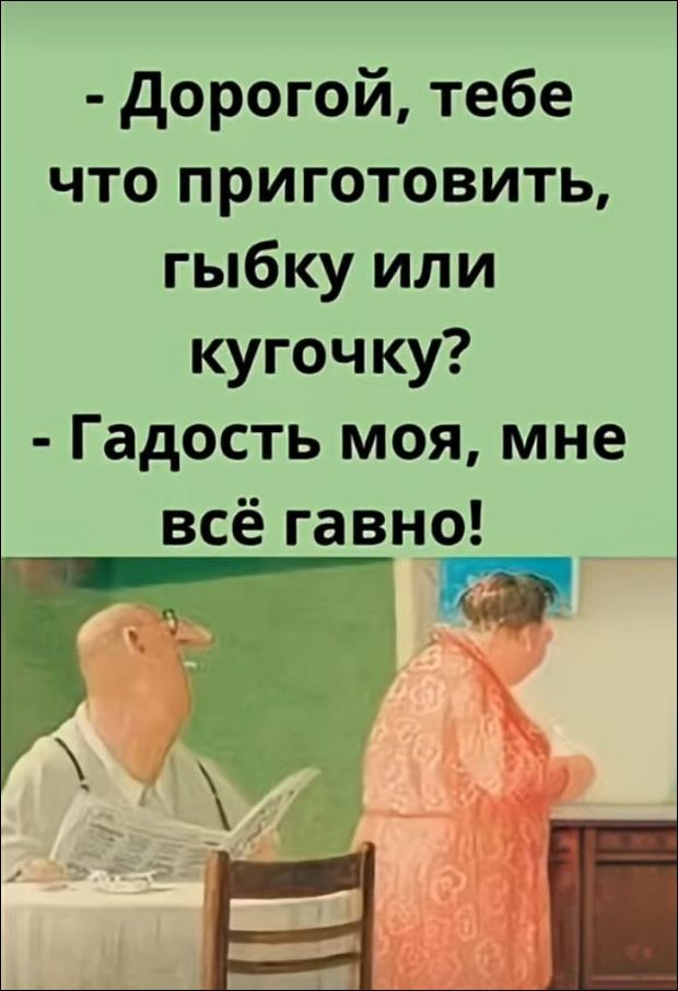 - Дорогой, тебе что приготовить, гыбку или кугочку?\n- Гадость моя, мне всё гавно!