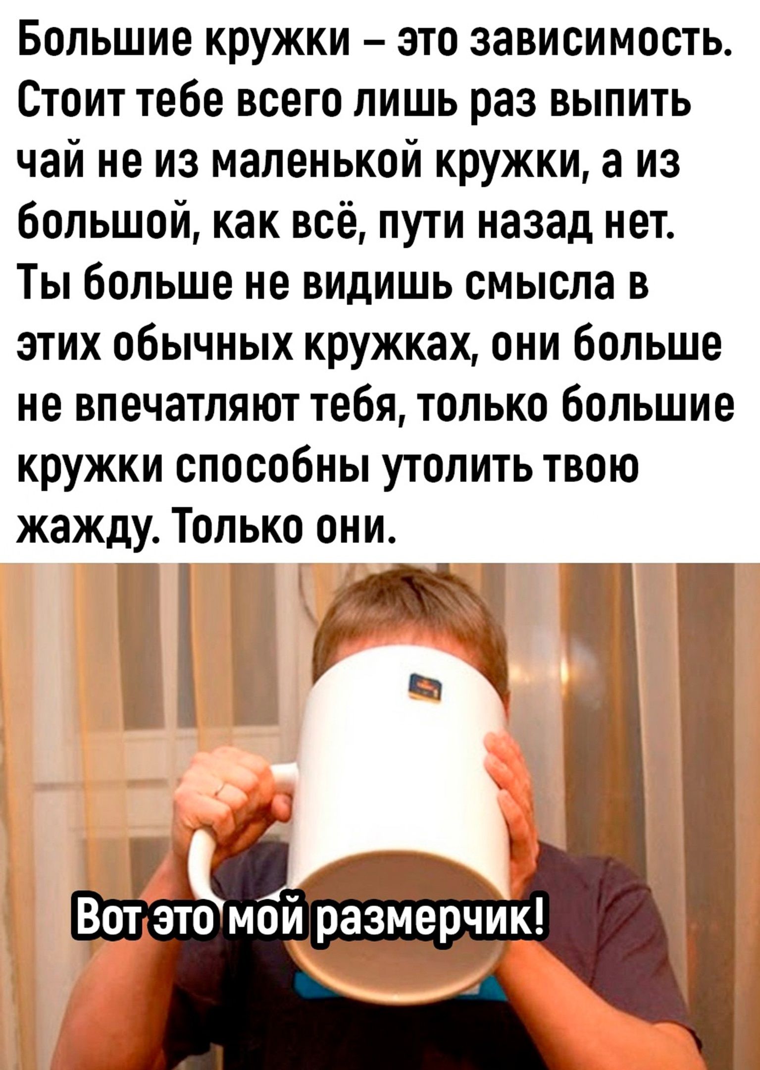 Большие кружки – это зависимость. Стоит тебе всего лишь раз выпить чай не из маленькой кружки, а из большой, как всё, пути назад нет. Ты больше не видишь смысла в этих обычных кружках, они больше не впечатляют тебя, только большие кружки способны утолить твою жажду. Только они. Вот это мой размерчик!