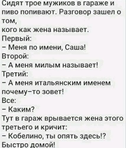 Сидят трое мужиков в гараже и пиво попивают. Разговор зашел о том, кого как жена называет. Первый:
- Меня по имени, Саша!
Второй:
- А меня милым называет!
Третий:
- А меня итальянским именем почему-то зовет!
Все:
- Каким?
Тут в гараж врывается жена этого третьего и кричит:
- Кобелино, ты опять здесь!? Быстро домой!