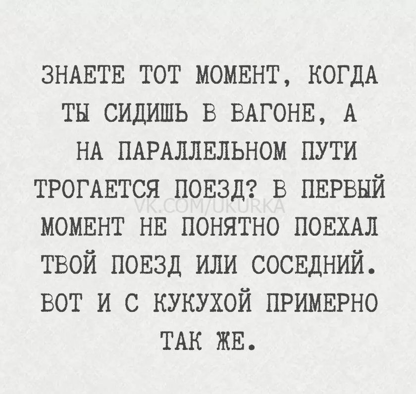 Знаете тот момент, когда ты сидишь в вагоне, а на параллельном пути трогается поезд? В первый момент не понятно поехал твой поезд или соседний. Вот и с кукухой примерно так же.