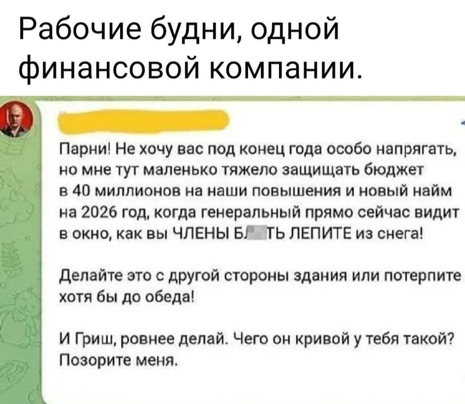 Рабочие будни, одной финансовой компании.

Парни! Не хочу вас под конец года особо напрягать, но мне тут немножко тяжело защищать бюджет в 40 миллионов на наши повышения и новый найм на 2026 год, когда генеральный прямо сейчас видит в окно, как вы ЧЛЕНЫ БЛ***ТЬ ЛЕПИТЬ из снега!

Делайте это с другой стороны здания или потерпите хотя бы до обеда!

И