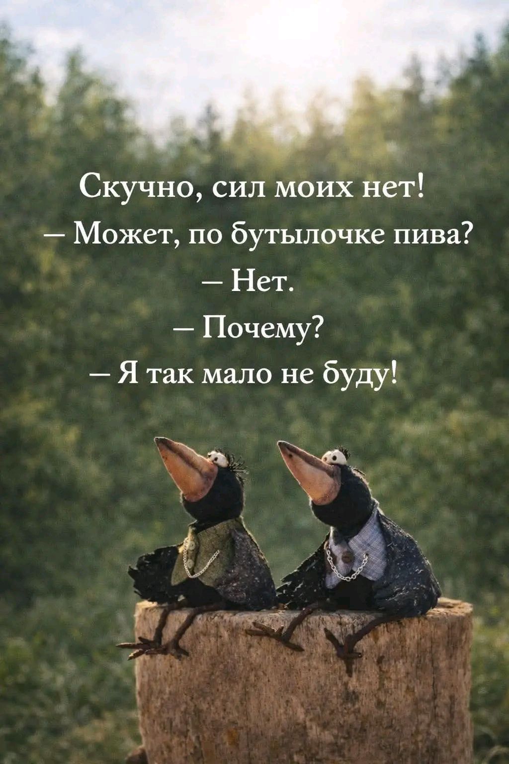 Скучно, сил моих нет!\n— Может, по бутылочке пива?\n— Нет.\n— Почему?\n— Я так мало не буду!