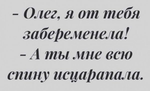 - Олег, я от тебя забеременела! - А ты мне всю спину исцарапала.