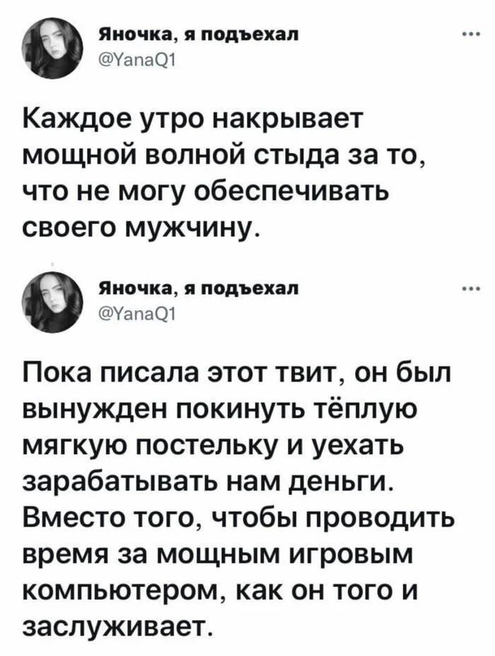 Каждое утро накрывает мощной волной стыда за то, что не могу обеспечивать своего мужа.

Пока писала этот твит, он был вынужден покинуть тёплую мягкую постельку и ехать зарабатывать нам деньги. Вместе того, чтобы проводить время за мощным игровым компьютером, как он того и заслуживает.