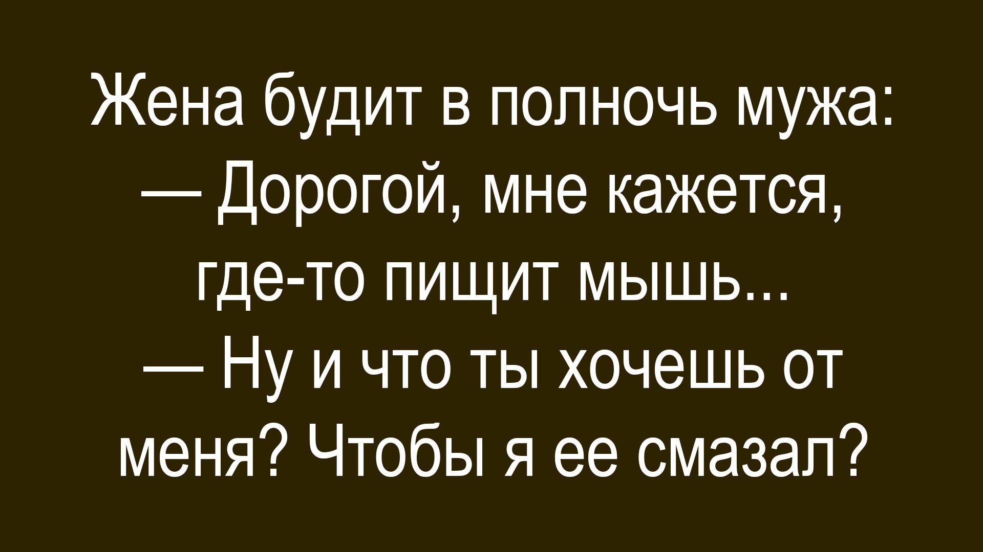 Жена будит в полночь мужа:\n— Дорогой, мне кажется, где-то пищит мышь...\n— Ну и что ты хочешь от меня? Чтобы я ее смазал?