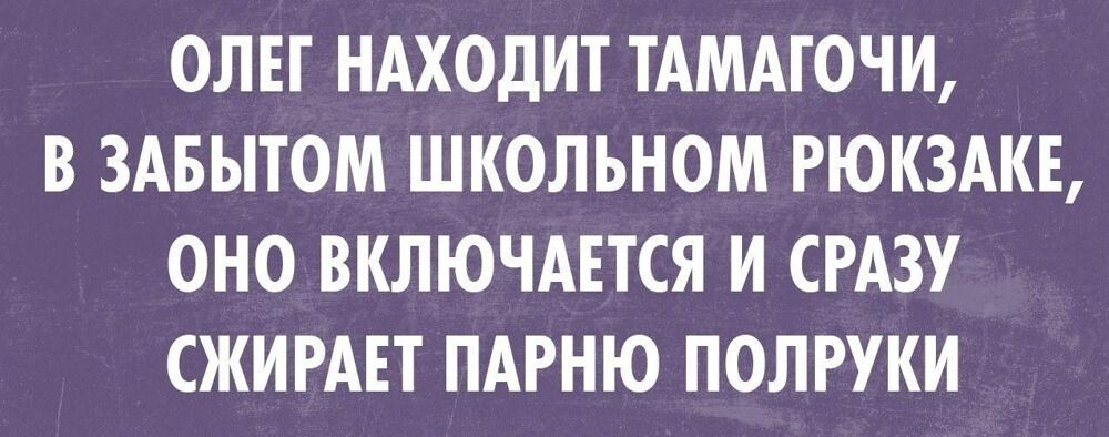 Олег находит тамагочи, в забытом школьном рюкзаке, оно включается и сразу сжигает парню полурки