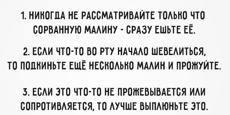 1. НИКОГДА НЕ РАССМАТРИВАЙТЕ ТОЛЬКО ЧТО СОРВАННУЮ МАЛИНУ - СРАЗУ СЪЕШЬТЕ ЕЁ.
2. ЕЛИ ЧТО-ТО ВО РТУ НАЧАЛО ШЕВЕЛИТЬСЯ, ТО ПОЖКНИТЕ ЕЩЁ НЕСКОЛЬКО МАЛИН И ПРОЖУЙТЕ.
3. ЕЛИ ЭТО ЧТО-ТО НЕ ПРОЖЁВЫВАЕТСЯ ИЛИ СОПРОТИВЛЯЕТСЯ, ТО ЛУЧШЕ ВЫПЛЮЙТЕ ЭТО.