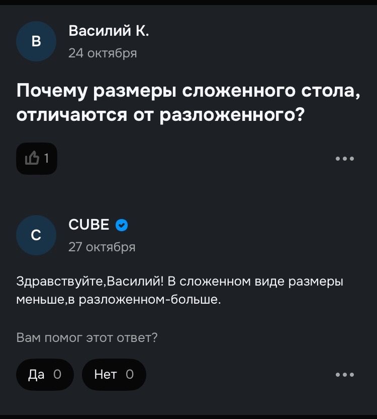 Почему размеры сложенного стола, отличаются от разложенного?\n\nЗдравствуйте, Василий! В сложенном виде размеры меньше, в разложенном - больше.\n\nВам помог этот ответ?\nДа  Нет