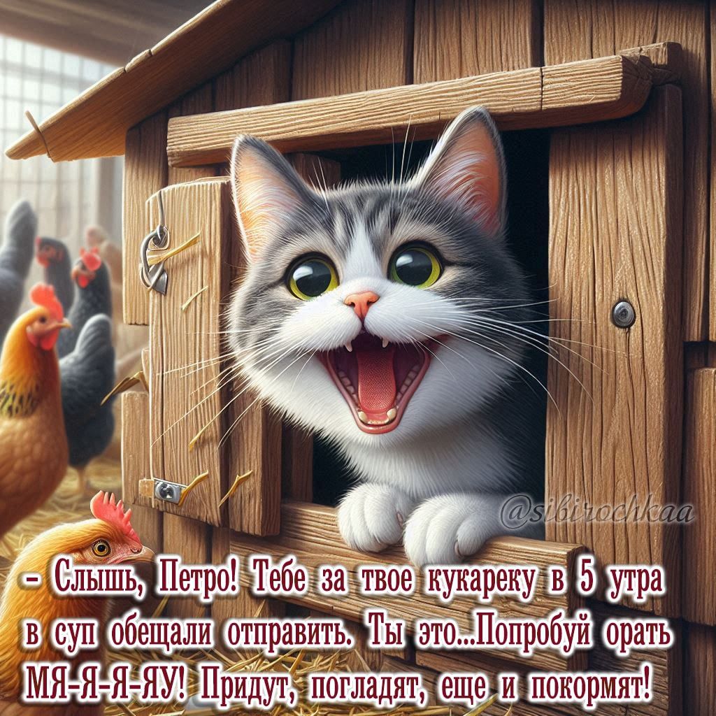 - Слыш, Пётр! Тебе за твоё кукареку в 5 утра в суп обещали отправить. Ты это... Попробуй орать МЯ-Я-Я-Я! Придут, поглядят, ещё и покормят!