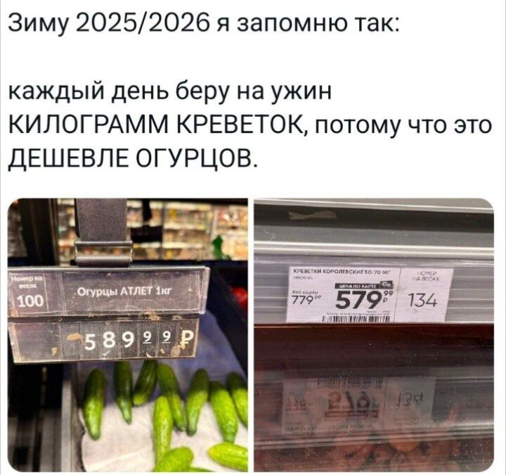 Зиму 2025/2026 я запомню так: каждый день беру на ужин килограмм креветок, потому что это ДЕШЕВЛЕ ОГУРЦОВ.