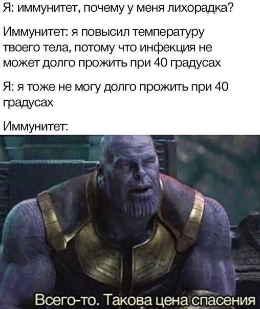 Я: иммунитет, почему у меня лихорадка? Иммунитет: я повысил температуру твоего тела, потому что инфекция не может долго прожить при 40 градусах Я: я тоже не могу долго прожить при 40 градусах Иммунитет:

Всего-то. Такова цена спасения